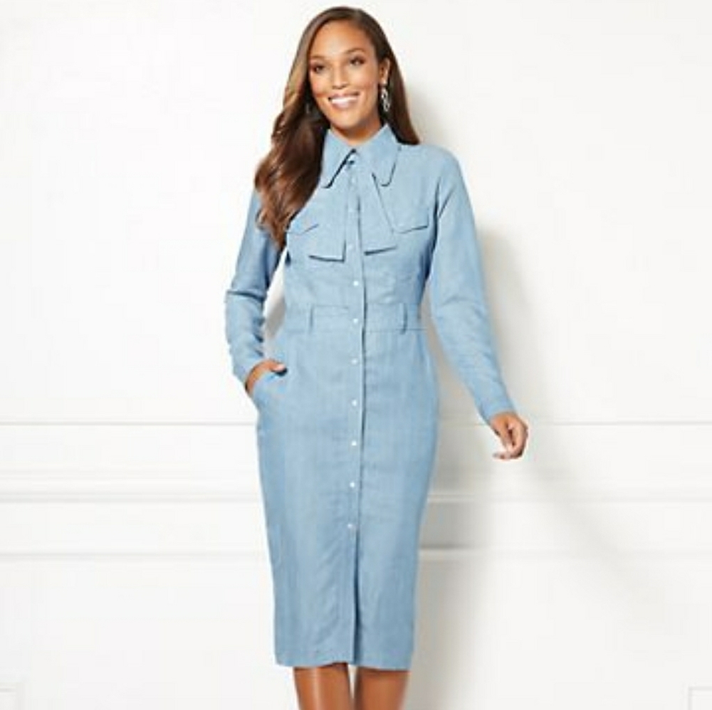 Eva Mendes Medium Wash Denim Shirt Dress